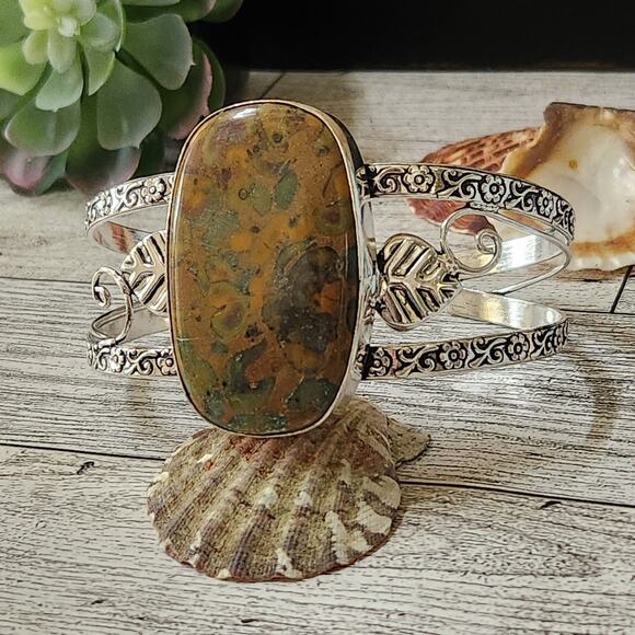 Wide Silver Cuff, Terra Harmony Earthy Color Jasper Cuff Bracelet - Picture 2 of 10